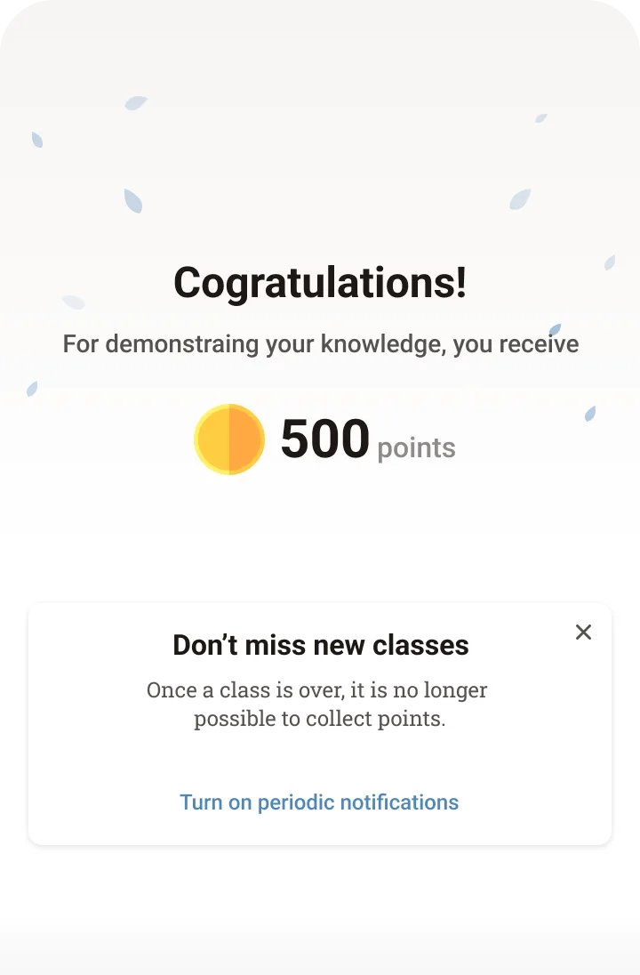 Inspire reward screen: Congratulations! For demonstrating your knowledge, you receive 500 points