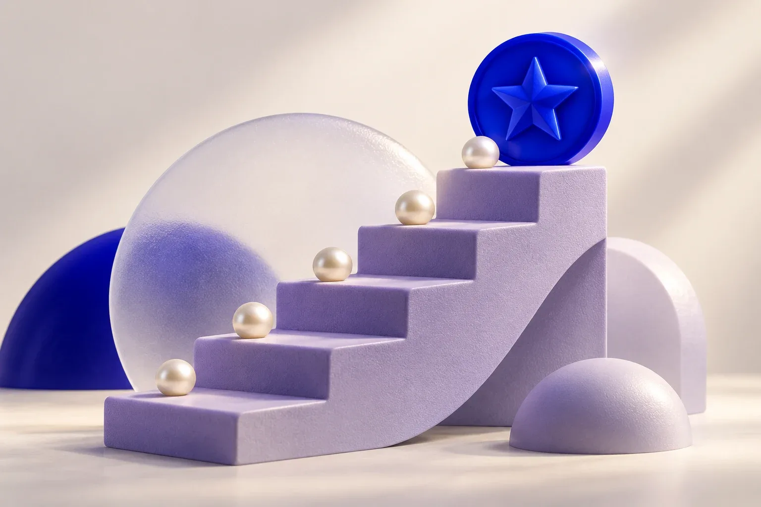 Lavender sculptural staircase with reward tokens on each step and a blue star medal at the top