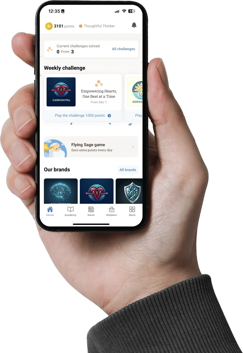 Inspire app home screen with points, weekly challenge, Flying Sage game and brands