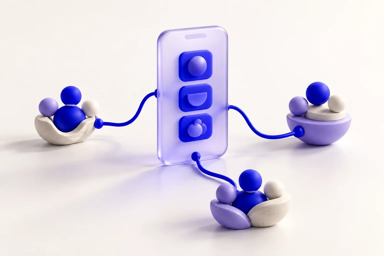 A frosted lavender smartphone connected by blue cords to three small groups representing distributed teams