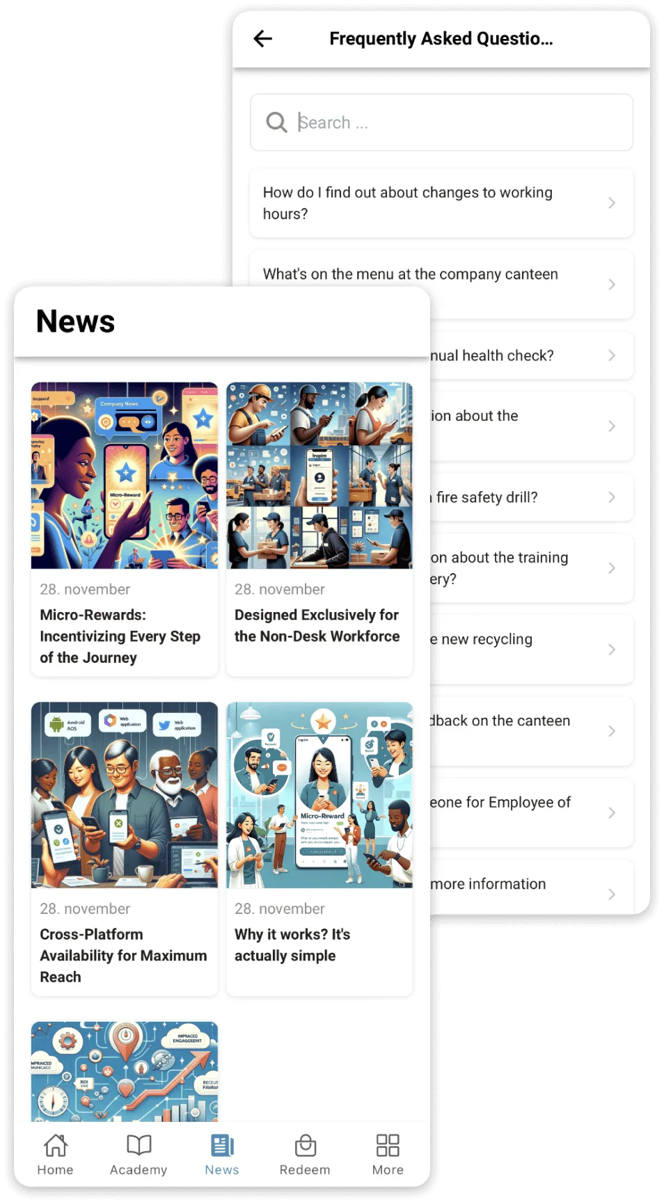 Inspire News feed and Frequently Asked Questions screens
