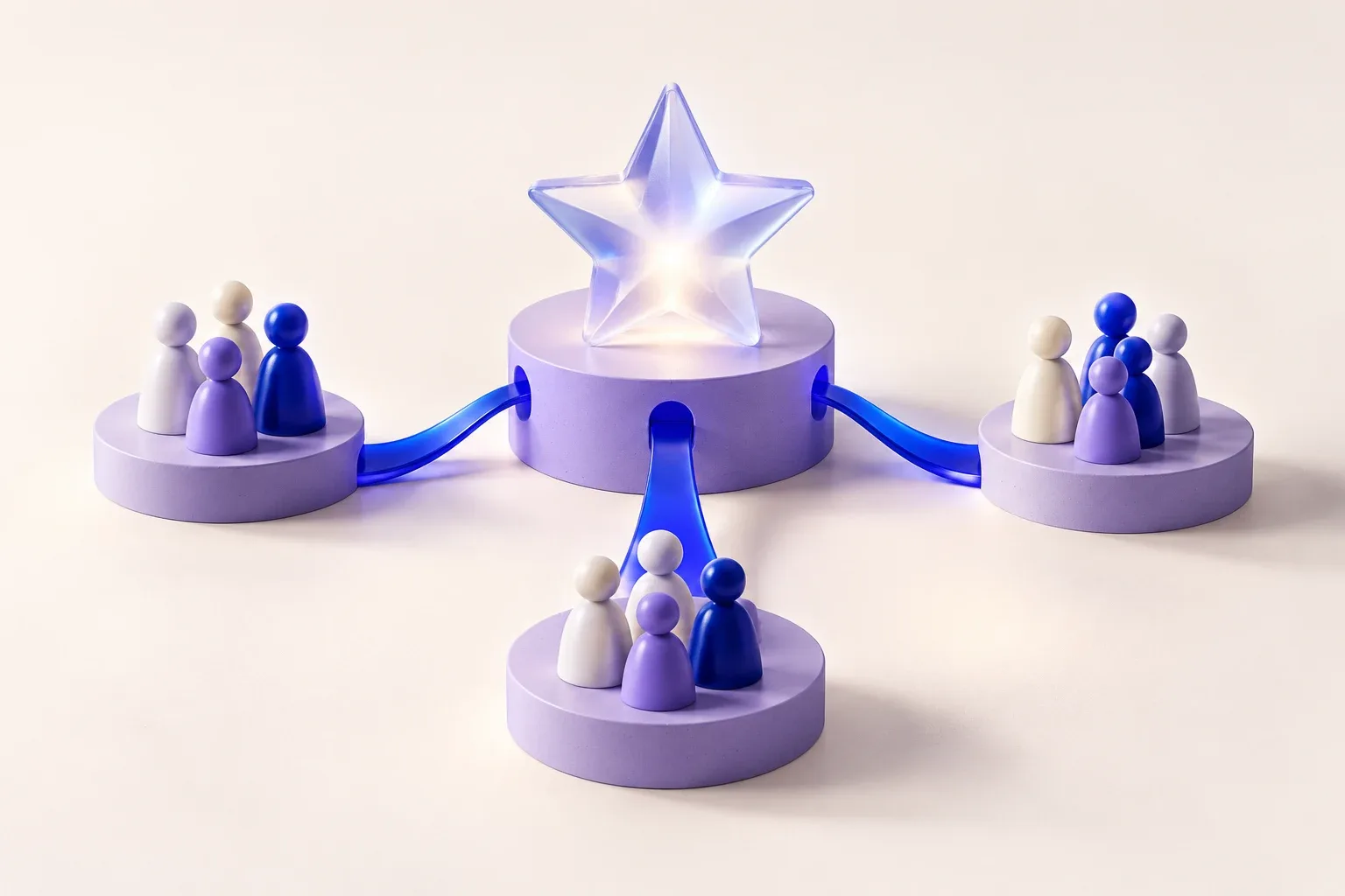 Groups of figures on separate platforms connected by blue paths to a central glowing star reward
