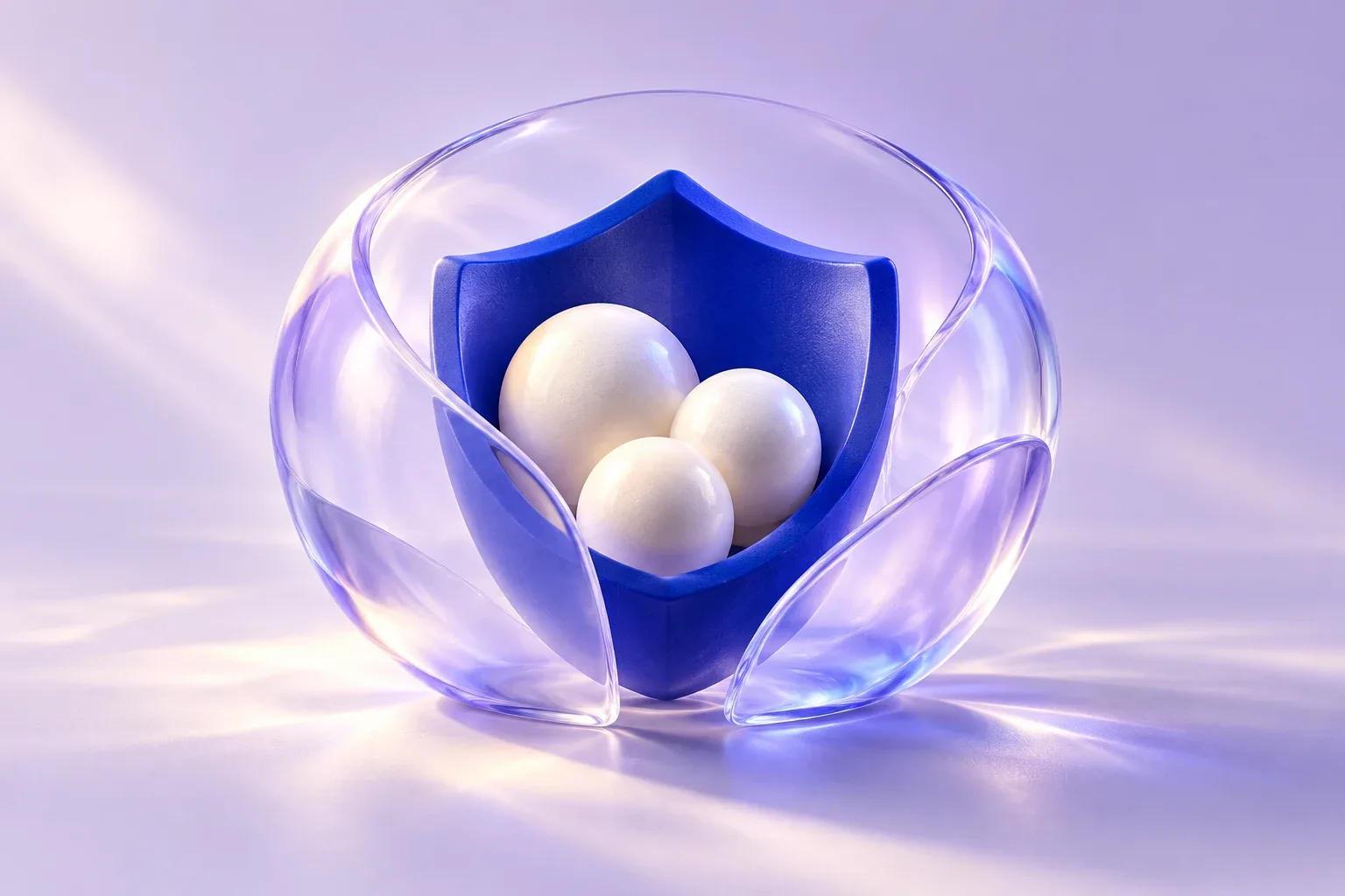 A blue shield sheltering three pearl spheres inside a translucent lavender enclosure